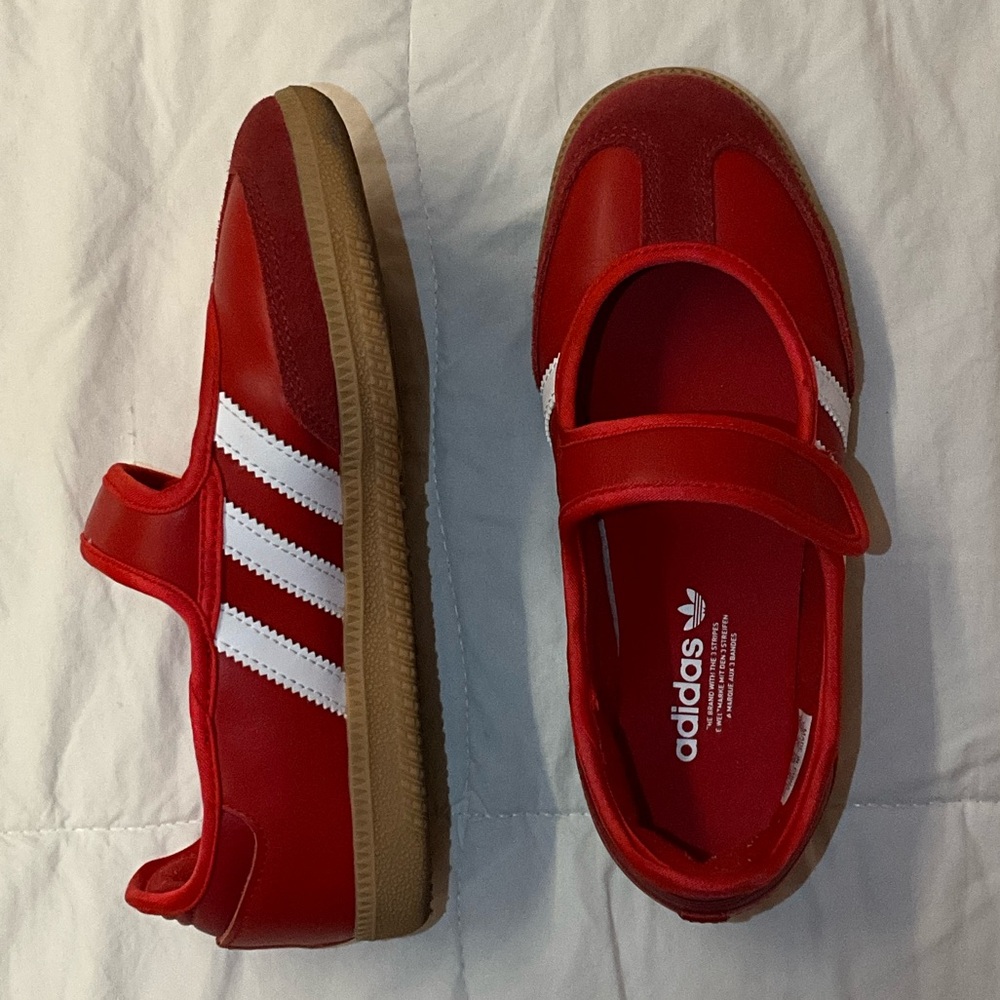 SOLD!!! Adidas Women's Red Flats with White Stripes (Size 5 US)